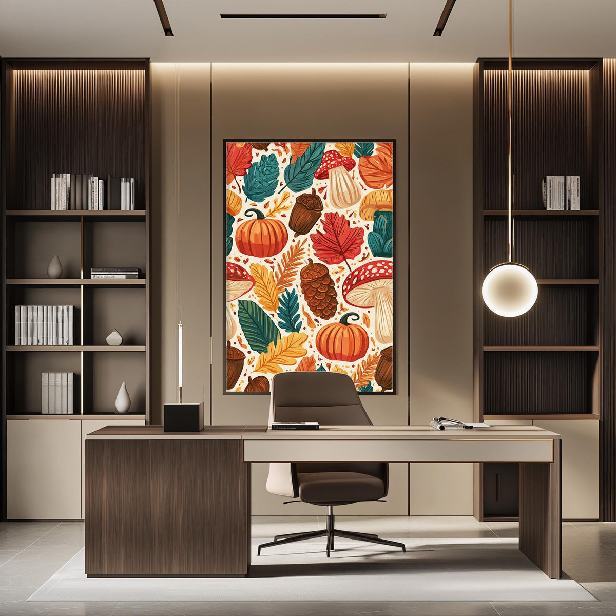 a modern office space with a large, colorful painting of autumn leaves and pumpkins hanging on the wall above a desk with a chair.