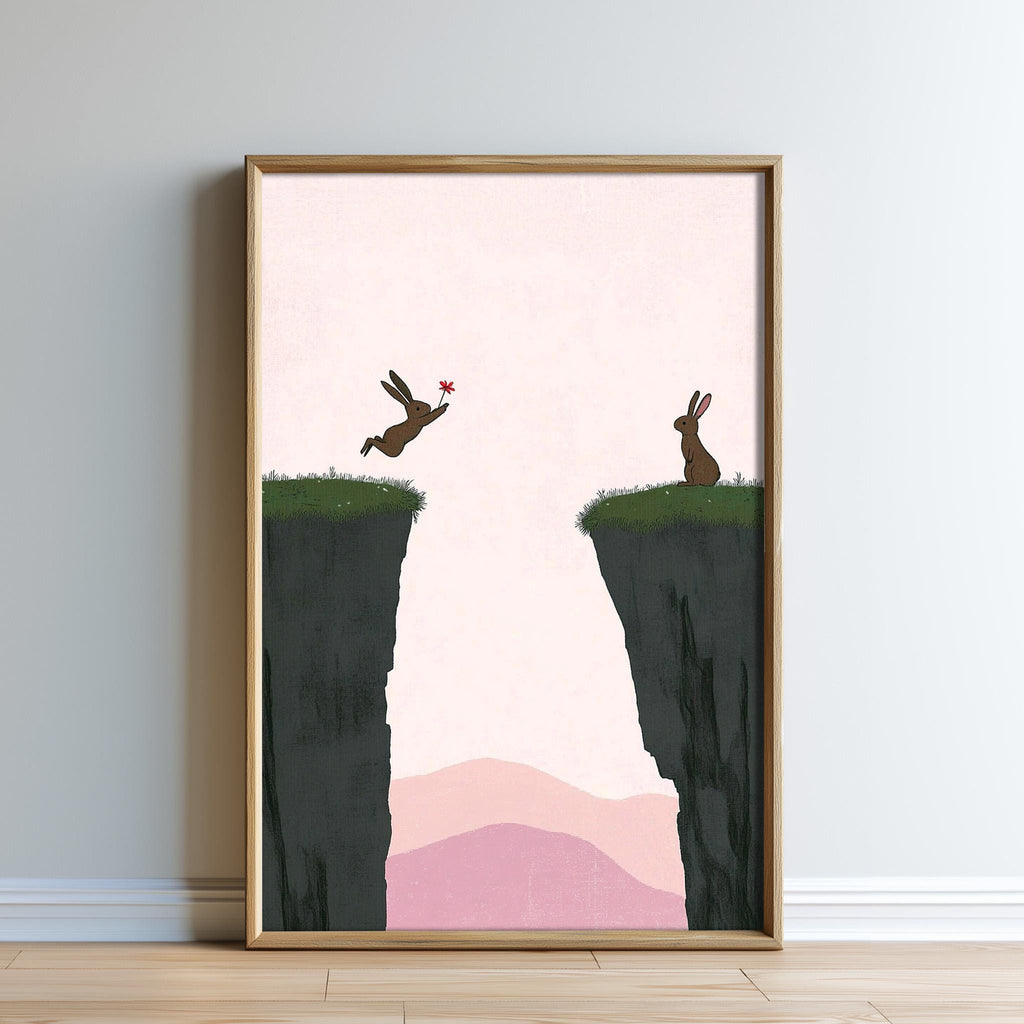 two brown rabbits jumping off a cliff into a grassy field, with mountains in the background.