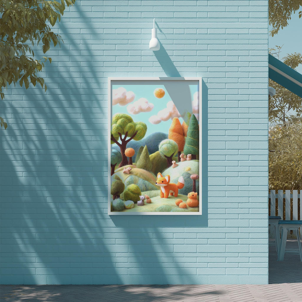 a vibrant, whimsical scene of a forest with a fox, surrounded by various animals and plants. The scene is set against a blue brick wall, with a white light fixture hanging above it. The overall composition is lively and engaging, capturing the viewer's attention with its colorful and detailed depiction of the forest landscape.