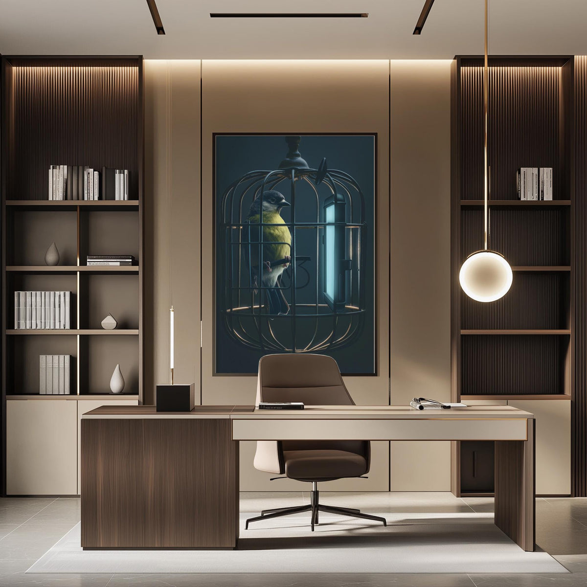 a modern and minimalist office space with a large painting of a bird in a cage on the wall. The office features a wooden desk, a comfortable-looking chair, and a bookshelf filled with books. The overall design and decor create a calm and professional atmosphere.