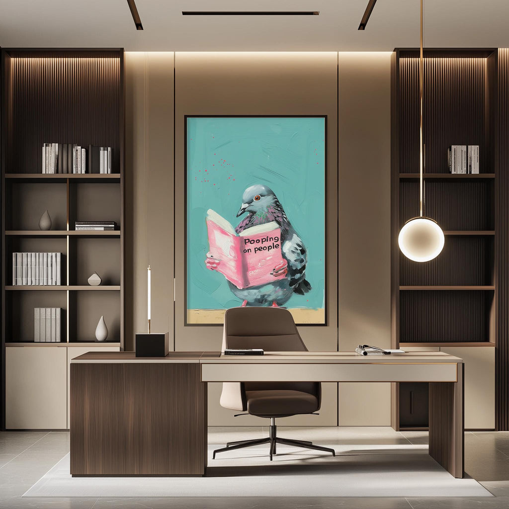 a modern office space with a large framed poster of a pigeon holding a book, which says "Posing in people". The office has a wooden desk, a chair, and a bookshelf filled with books.
