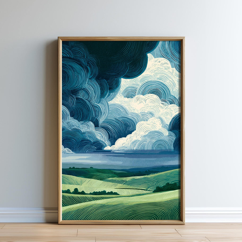 The image is a framed landscape painting depicting a serene countryside scene with rolling hills, a body of water, and a cloudy sky.
