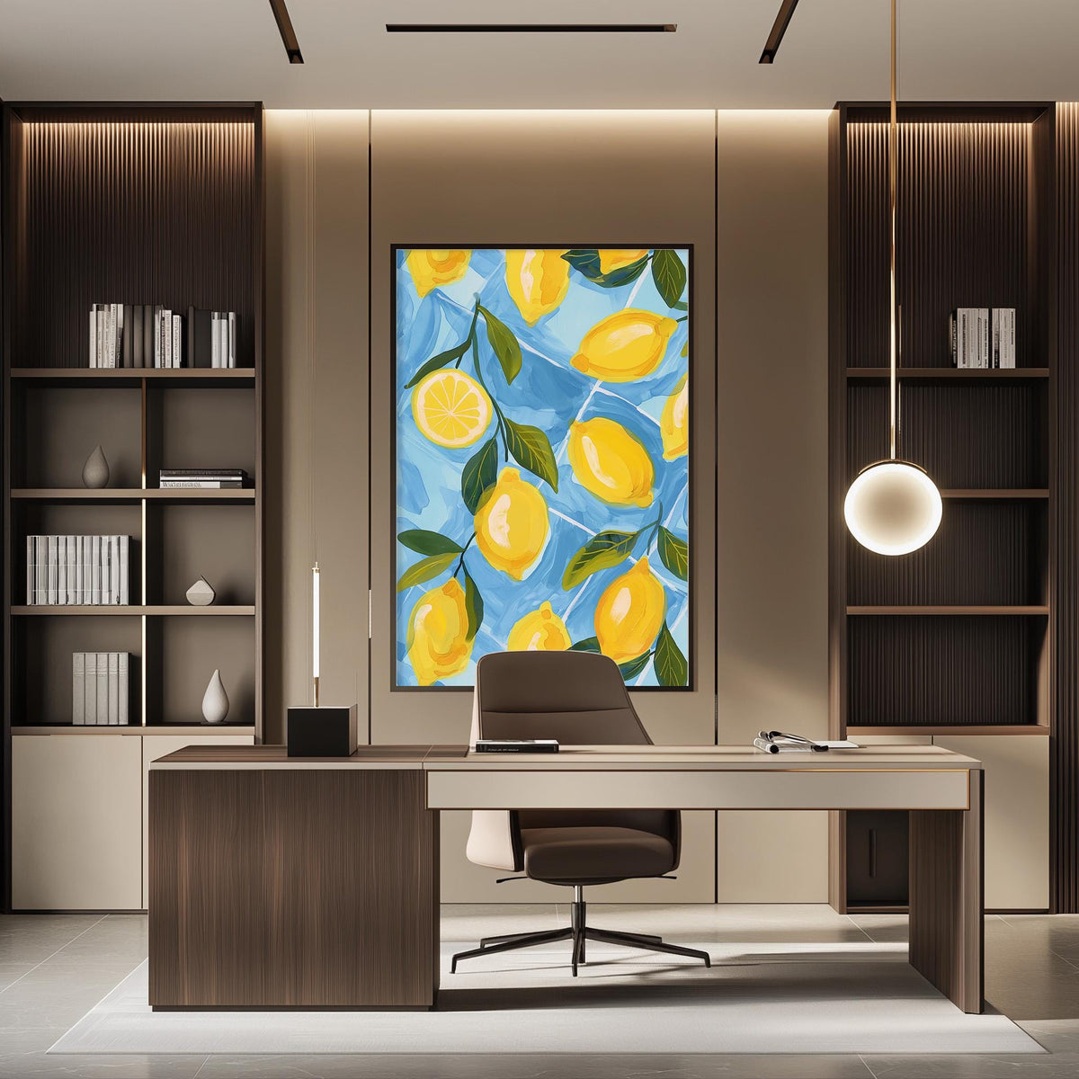 a modern and well-lit office space with a large framed artwork featuring vibrant yellow lemons on the wall. The office has a wooden desk, a comfortable-looking chair, and a bookshelf filled with books. The overall design and decor create a pleasant and professional atmosphere.