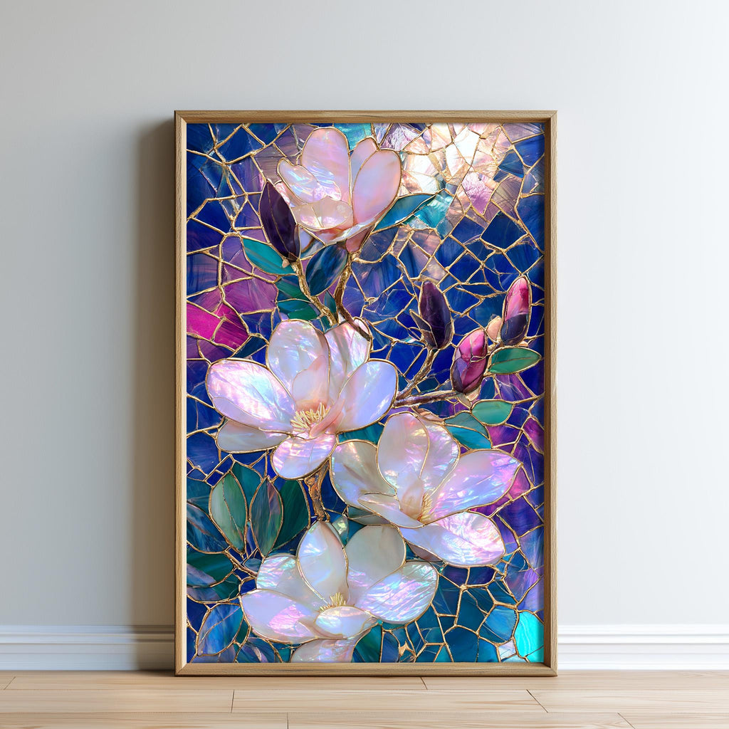 A framed stained glass artwork depicting a vibrant floral arrangement with pink and white flowers, surrounded by blue and purple hues.