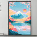 a large, colorful painting of a mountain landscape with a lake and a sunset, hanging on a wall above a gray couch with a coffee table in front of it.