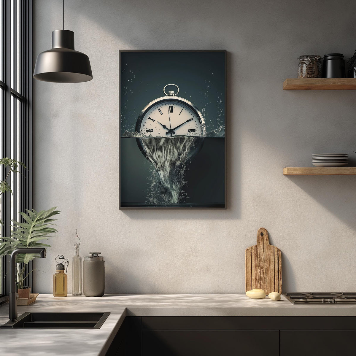 a kitchen counter with a wooden cutting board, a clock, and various kitchen items such as a bottle and a jar.