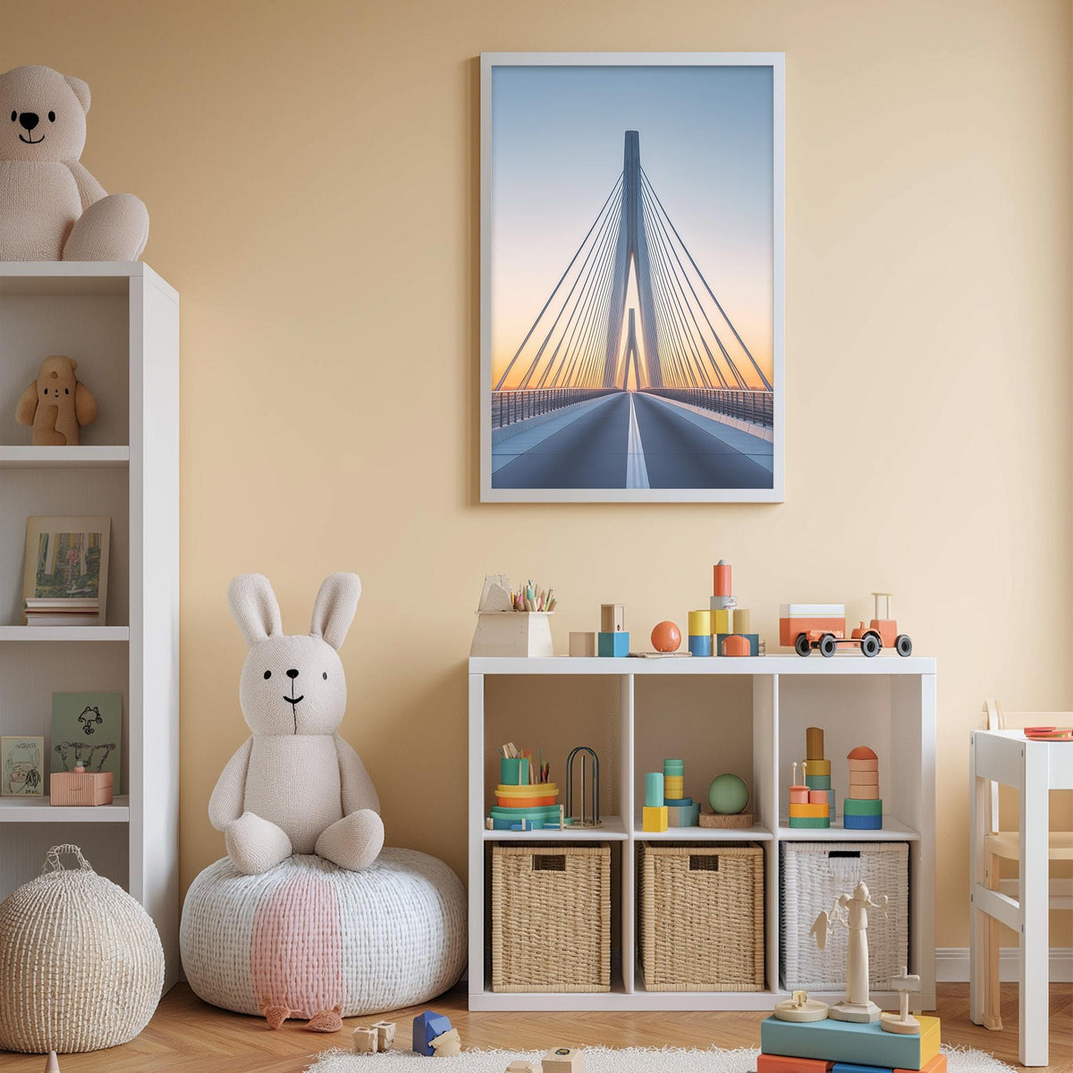 A cozy children's room with a stuffed rabbit, a toy train, and a bookshelf filled with toys and books. A framed picture of a bridge is displayed on the wall, and the room has a warm, inviting atmosphere.