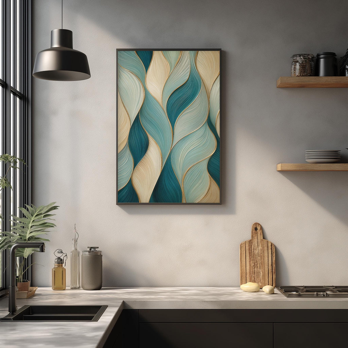 a modern kitchen with a large abstract painting hanging on the wall above a wooden cutting board and a sink.