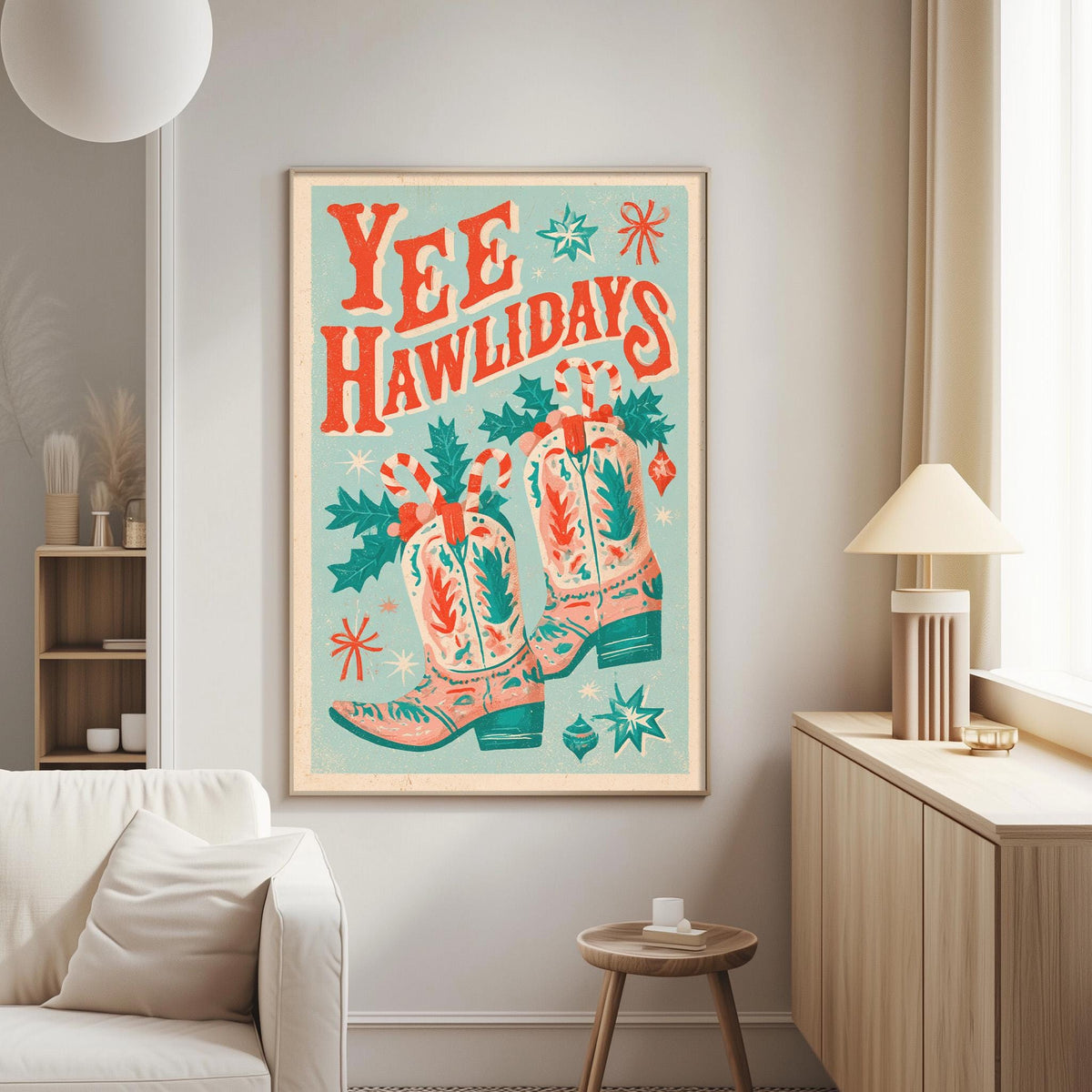 a poster with a festive design, including cowboy boots, Christmas decorations, and the text "Yeehaw days".
