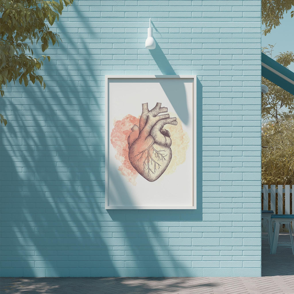 a blue brick wall with a framed illustration of a human heart hanging on it.