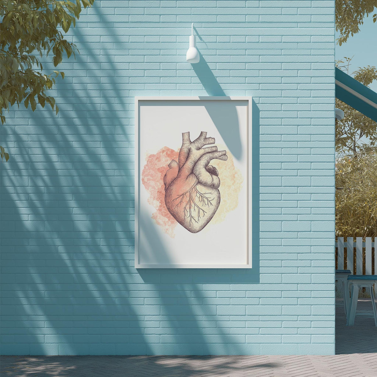 a blue brick wall with a framed illustration of a human heart hanging on it.