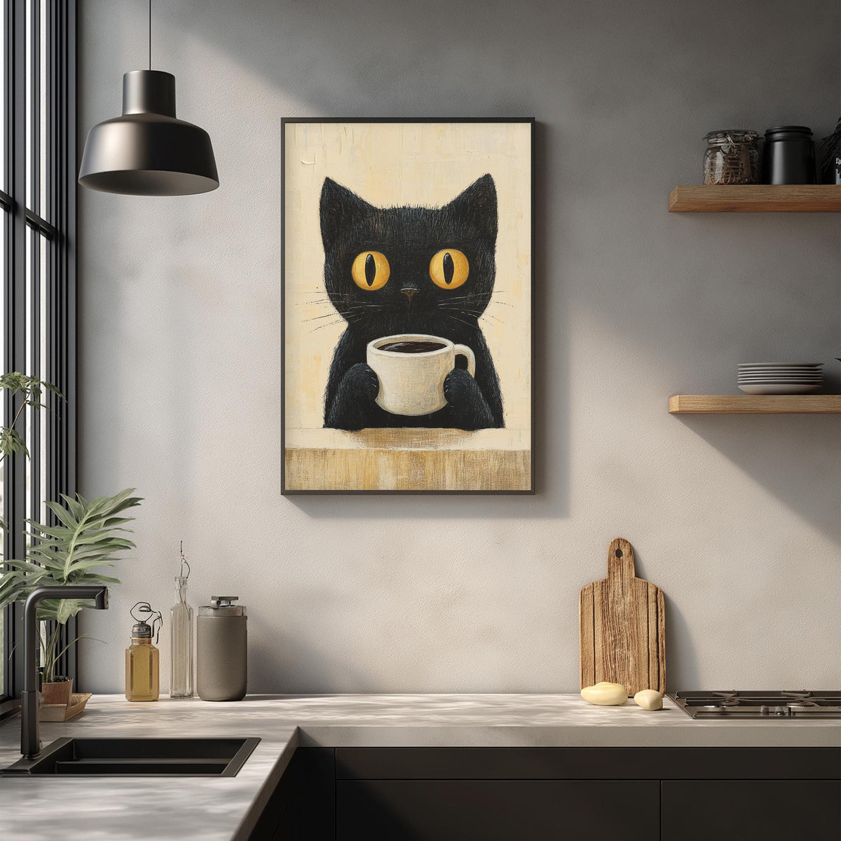 a black cat holding a cup of coffee, which is hanging on a wall in a kitchen setting.