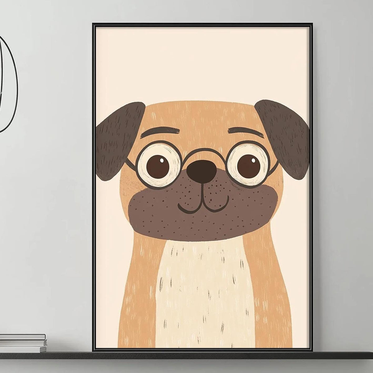 a cozy living room with a gray couch, a coffee table, and a large framed picture of a pug dog with glasses hanging on the wall above the couch.