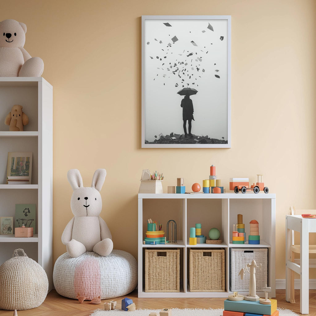 a child's bedroom with a white bookshelf, a stuffed rabbit, a toy train, and a framed black and white image of a person holding an umbrella.