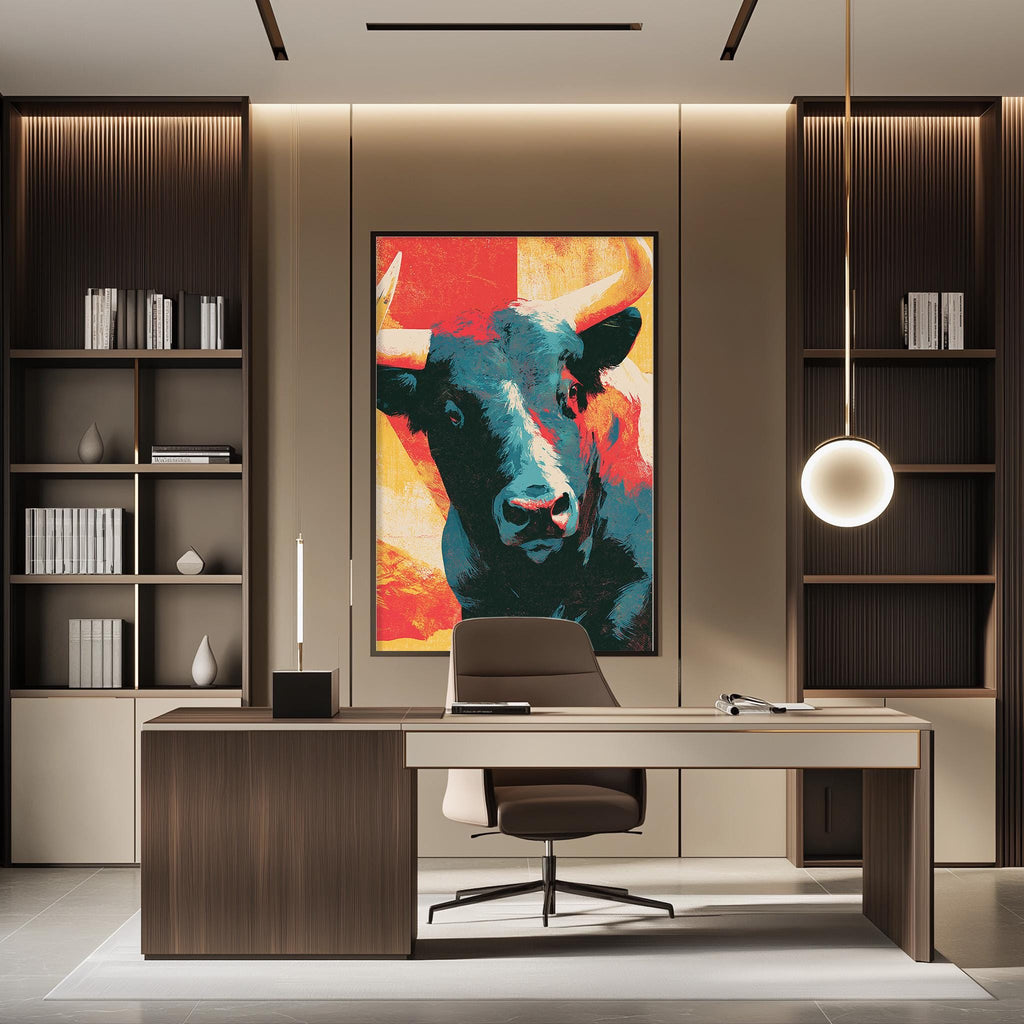 a modern office space with a large, colorful painting of a bull on the wall. The bull is depicted in shades of blue, orange, and black, creating a striking contrast against the neutral tones of the room. The office has a wooden desk and chair, and a bookshelf filled with various books and decorative items. The overall design of the space is contemporary and visually appealing.