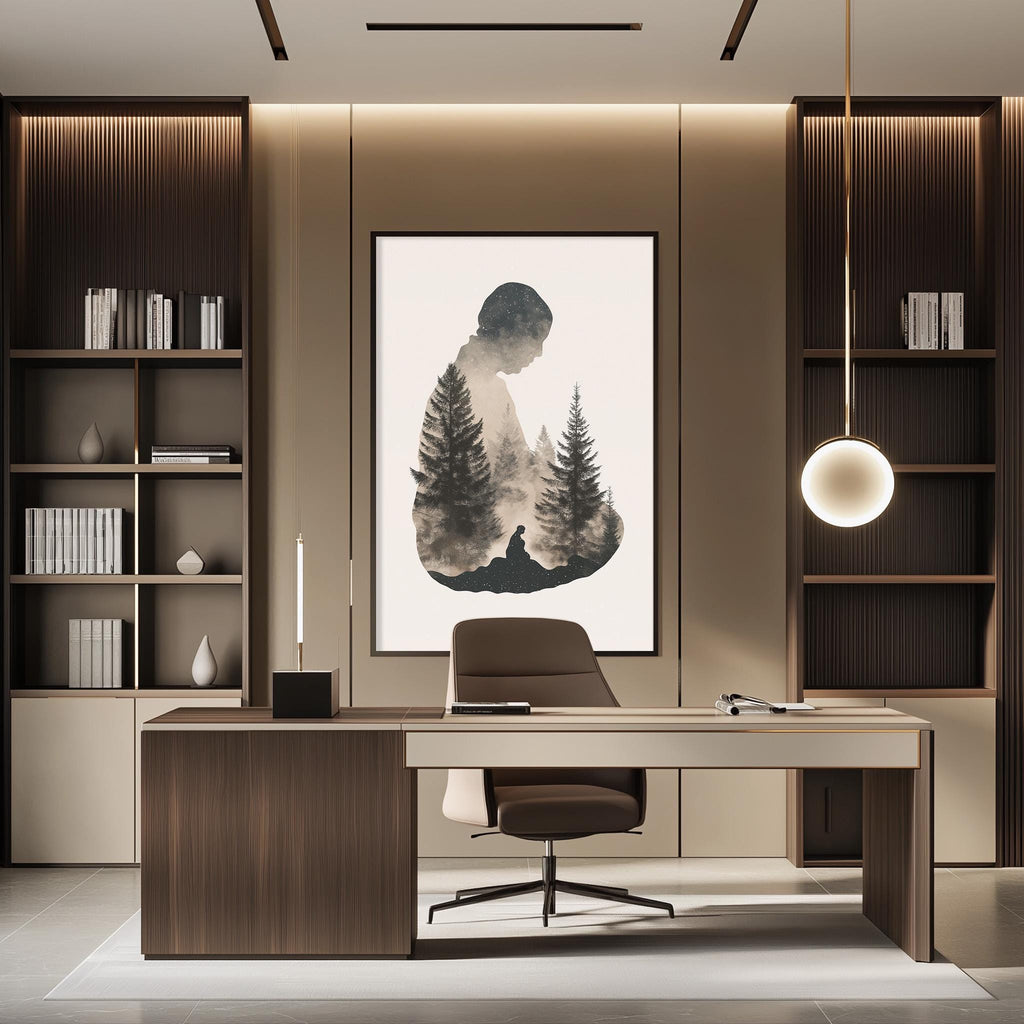 a modern and minimalist office space with a large framed artwork of a person in a forest scene hanging on the wall. The office features a wooden desk, a comfortable-looking chair, and a bookshelf filled with books. The overall design and decor create a calm and focused atmosphere, which is ideal for work or study.