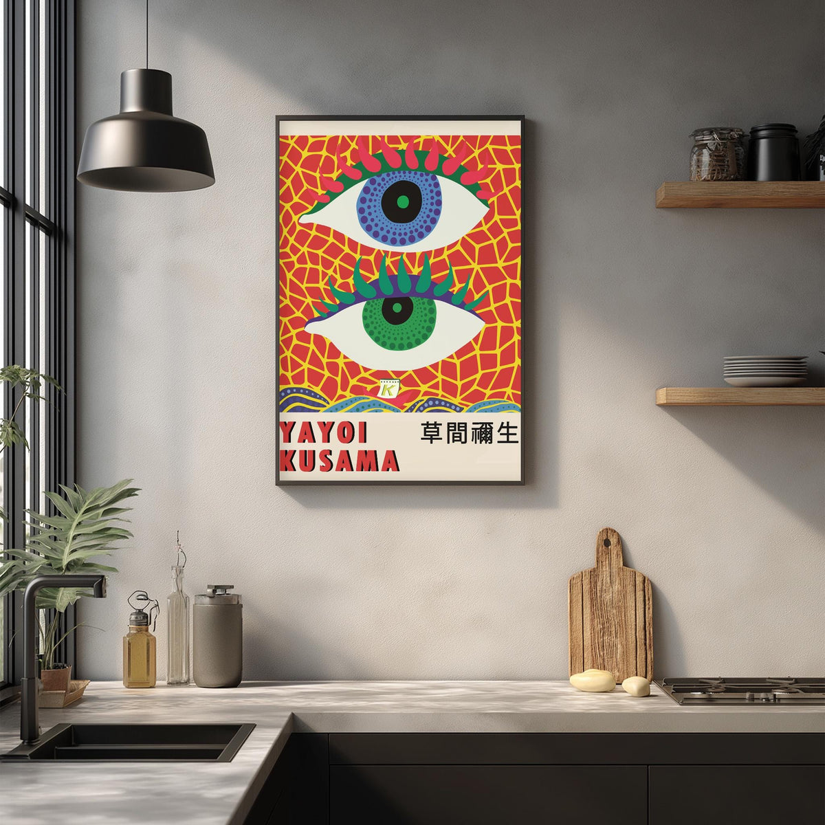 a vibrant poster of a pair of eyes on a wall, with a wooden cutting board and other kitchen items visible below it.