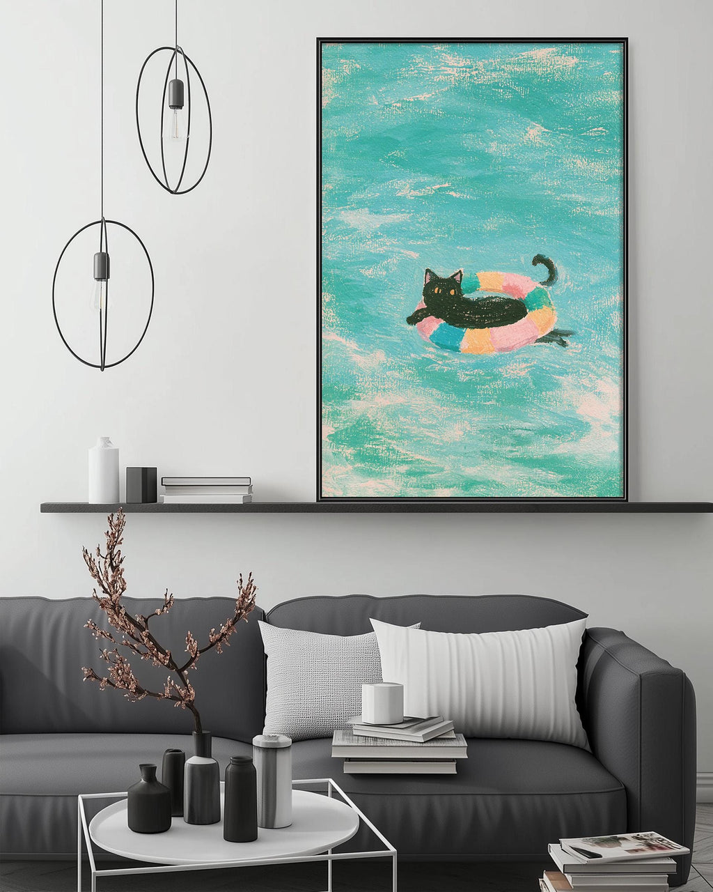a cozy living room with a gray sofa, a coffee table, and a large painting of a cat swimming in a colorful inner tube on the wall.