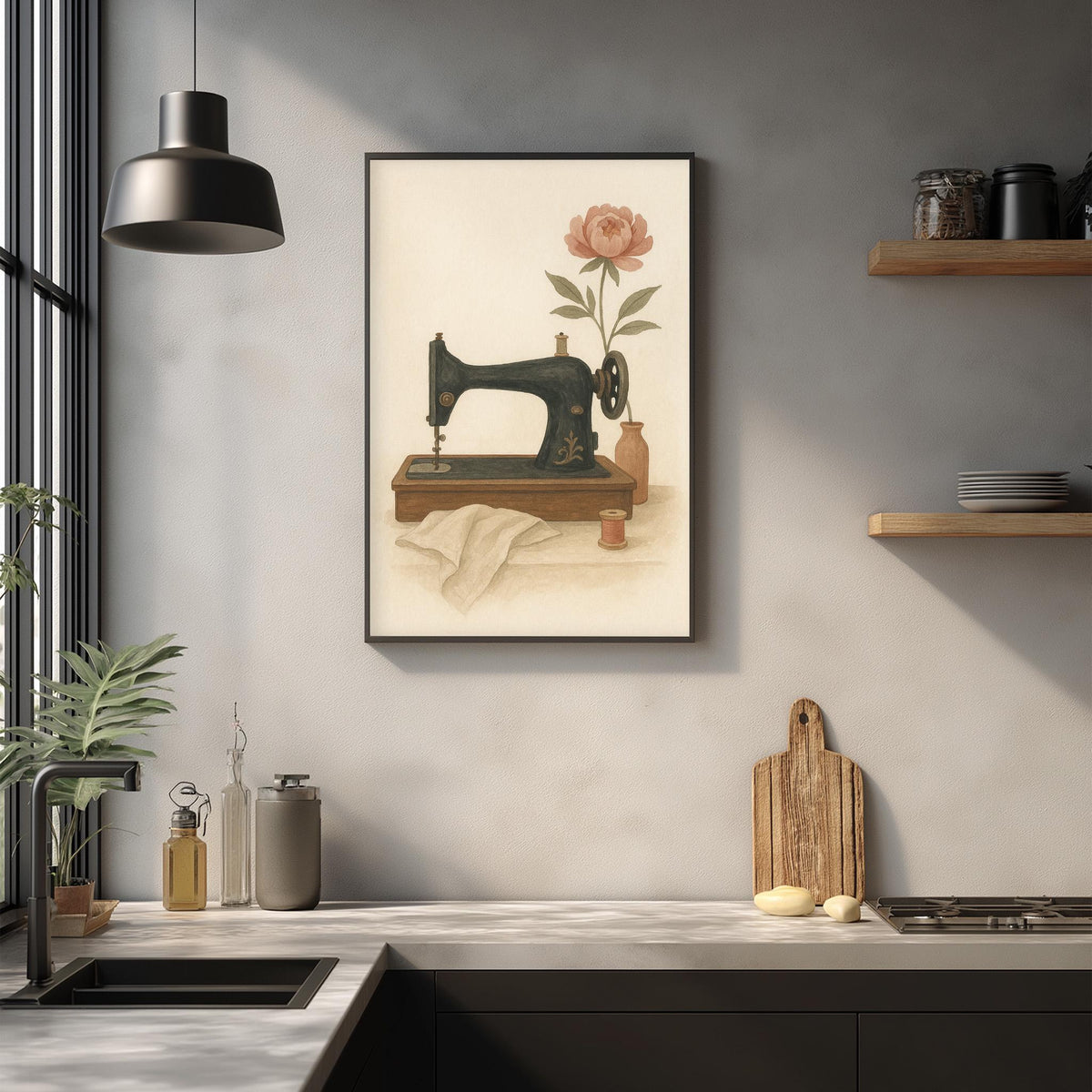 a framed illustration of a sewing machine with a pink flower on the side, hanging on a wall above a kitchen counter with various kitchen items and decor.