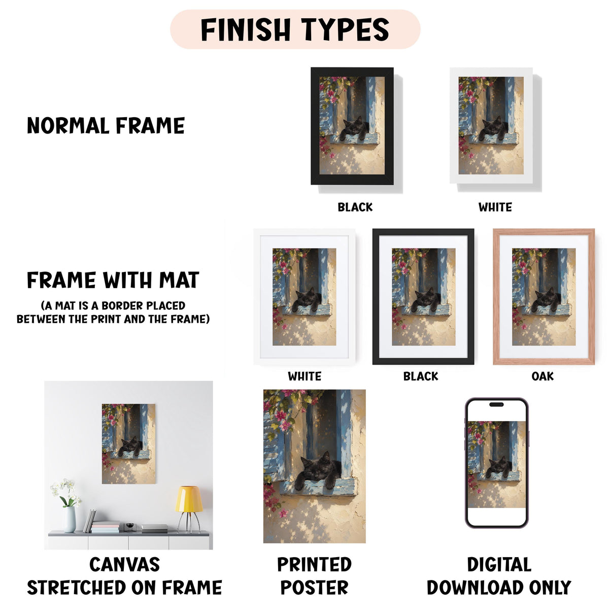 various types of artwork, including a canvas stretched on a frame, a framed poster, and a digital poster. The artwork is presented in different frame colors and styles, such as a normal frame, a black frame, a white frame, and an oak frame. The artwork is also described as a canvas stretched on a frame, a printed poster, and a digital download only. The image is a collage of multiple images, and the text provides information about the artwork, such as the finish types and the materials used.
