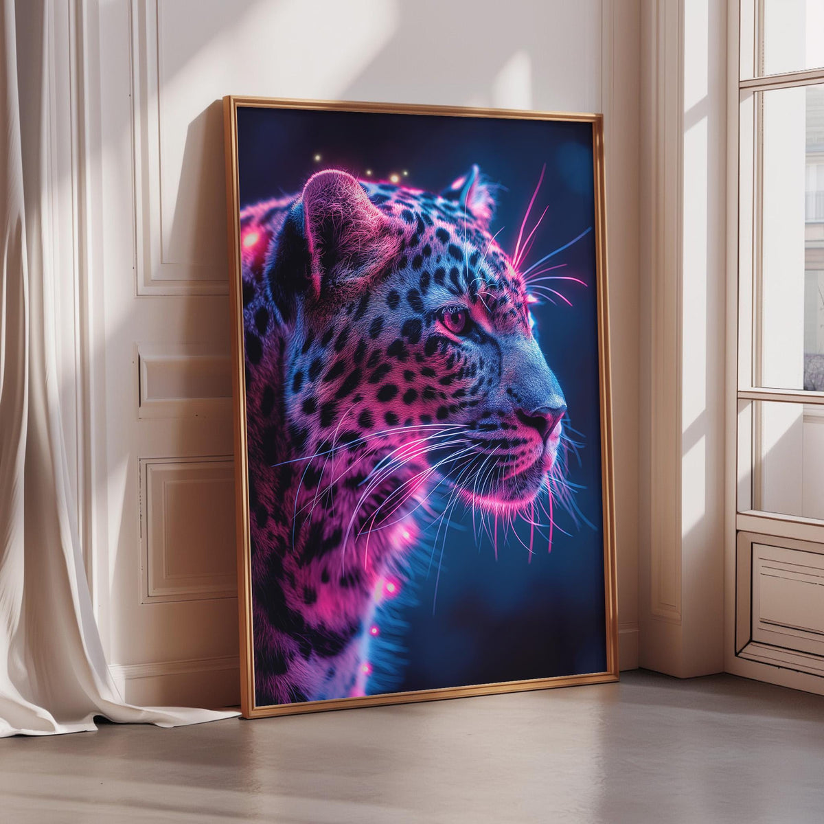 A large framed poster of a leopard with a striking, colorful, and vibrant design is displayed on a wall in a room.