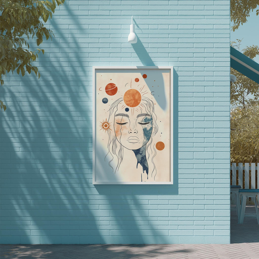 a framed artwork of a woman's face with a cosmic background, hanging on a blue brick wall.