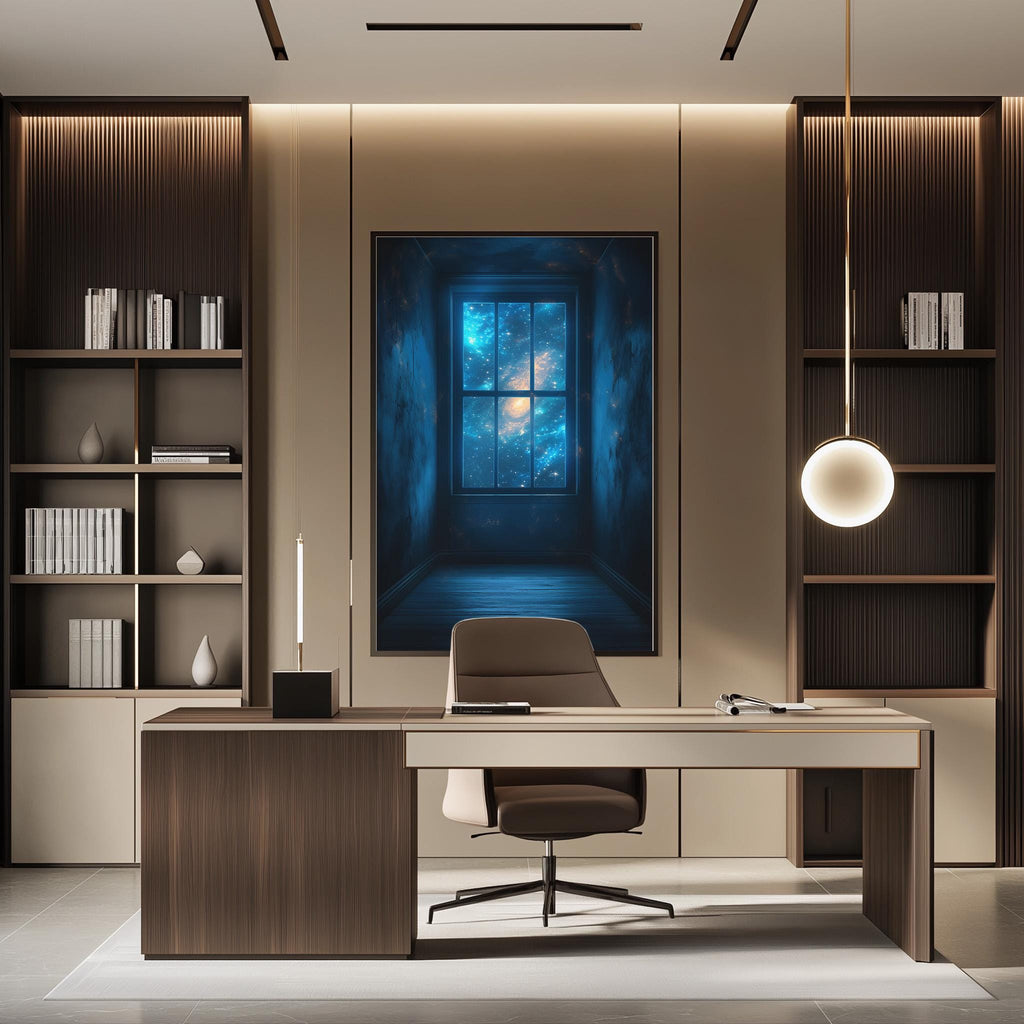 a modern and minimalist office space with a large window that offers a view of a starry night sky. The office features a wooden desk with a chair, a bookshelf, and a large wall art piece depicting a starry night sky.