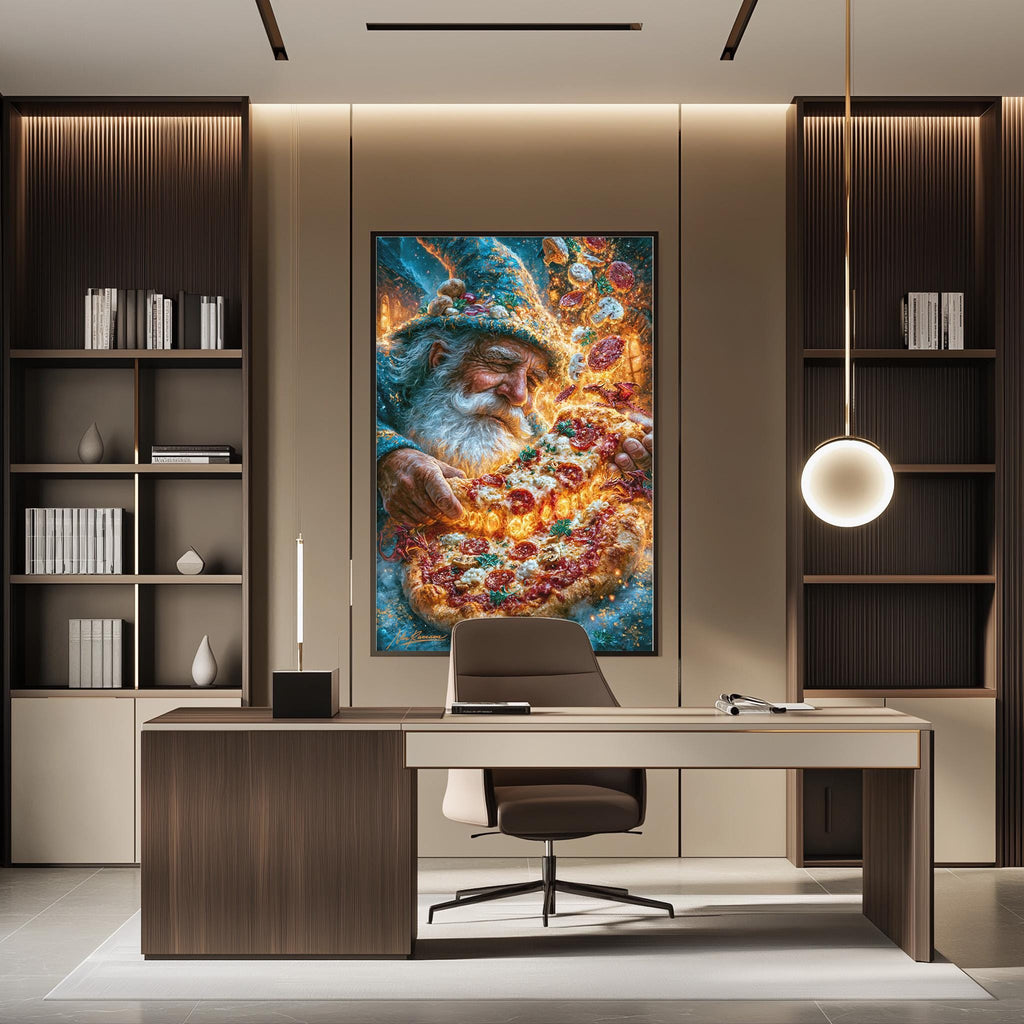 a modern office space with a large framed painting of a man eating pizza hanging on the wall. The office has a wooden desk, a chair, and a bookshelf filled with books. The overall design and decor create a stylish and comfortable workspace.