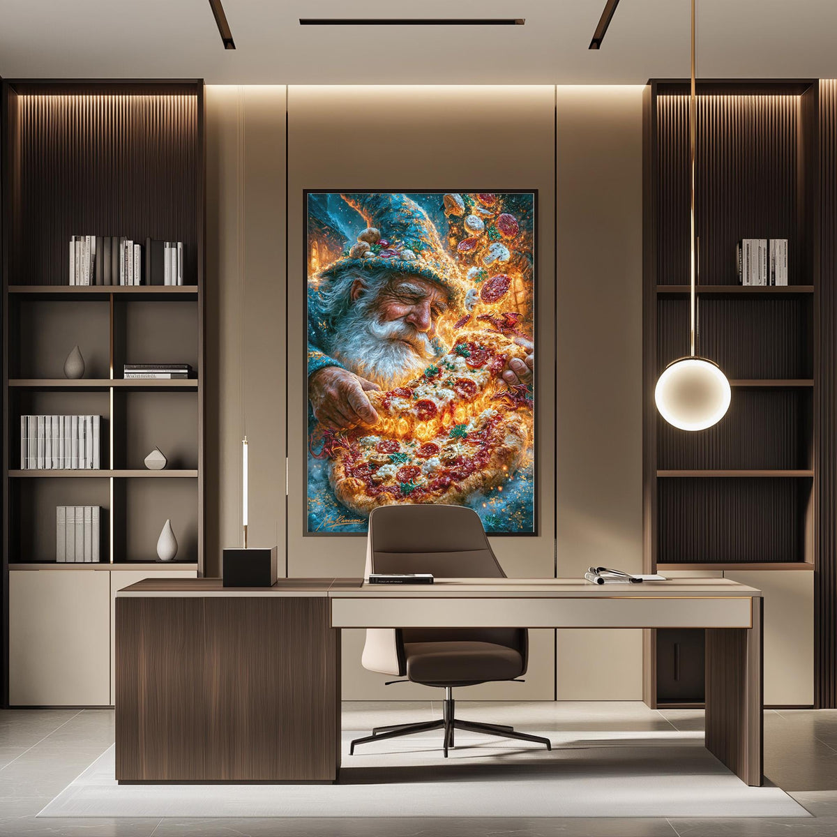 a modern office space with a large framed painting of a man eating pizza hanging on the wall. The office has a wooden desk, a chair, and a bookshelf filled with books. The overall design and decor create a stylish and comfortable workspace.