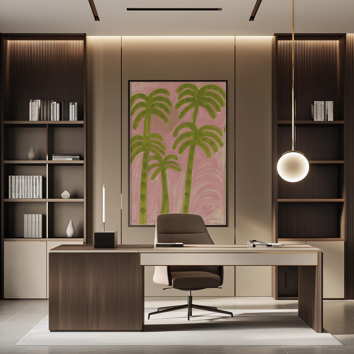 a modern and stylish office space with a large wooden desk, a comfortable chair, and a large abstract painting of palm trees on the wall.