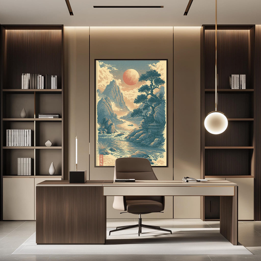 a modern office space with a large framed landscape painting hanging on the wall above a desk with a chair.