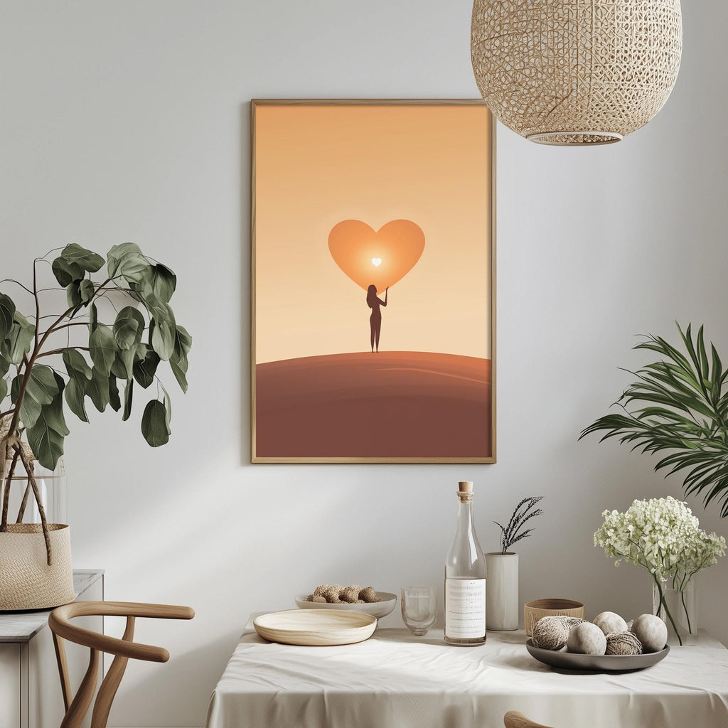 a dining table with a white tablecloth, a bowl of fruit, a bottle, and a vase with flowers. Above the table, there is a framed picture of a woman holding a heart.