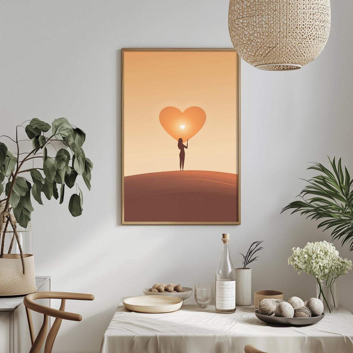 a dining table with a white tablecloth, a bowl of fruit, a bottle, and a vase with flowers. Above the table, there is a framed picture of a woman holding a heart.