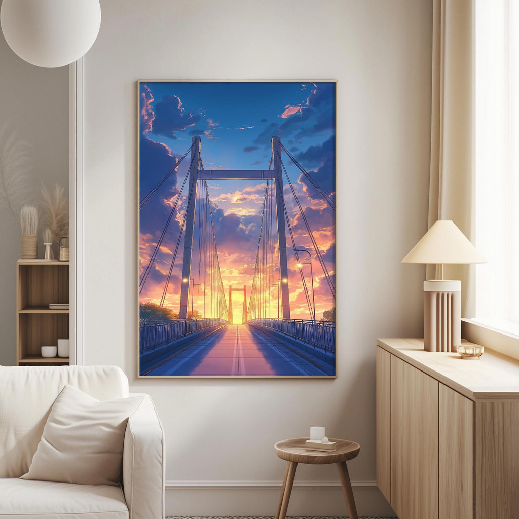 a large framed painting of a bridge with a colorful sunset in the background, hanging on a wall in a living room.