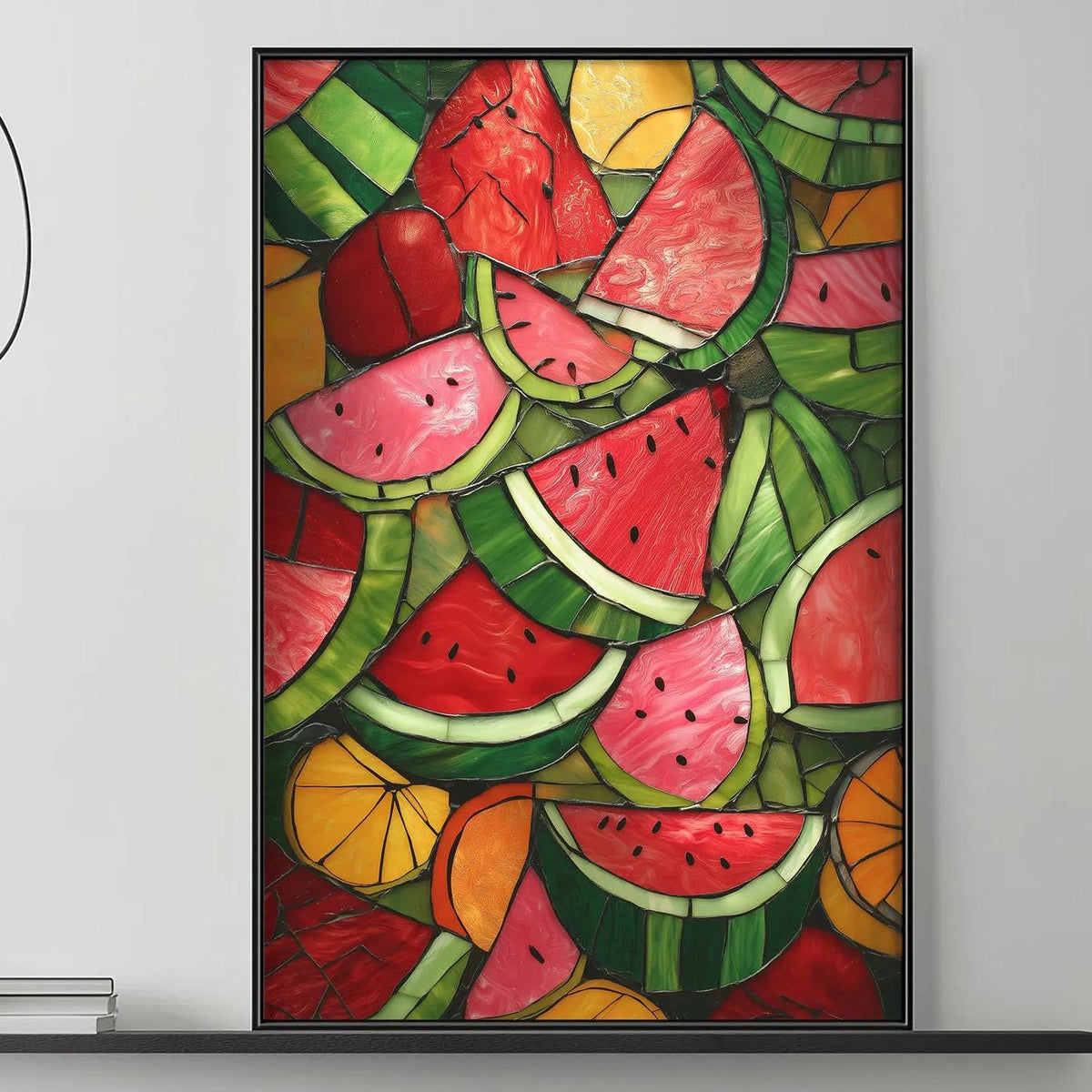 a modern living room with a gray sofa, a coffee table, and a large framed artwork of watermelon on the wall above the sofa.