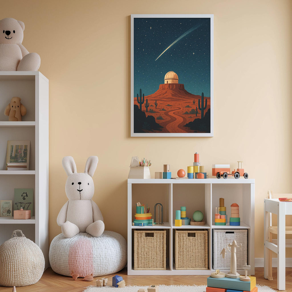 A cozy children's bedroom with a large stuffed rabbit, a bookshelf, and a toy storage unit. The room has a warm, inviting atmosphere with a night sky poster on the wall and a teddy bear sitting on a pillow.