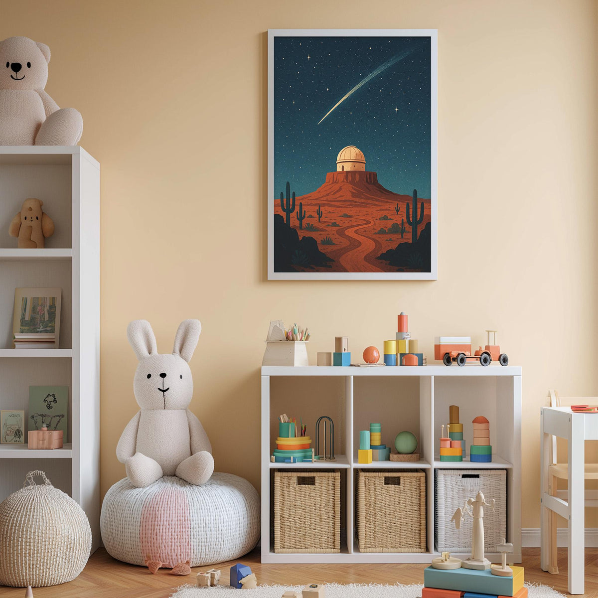A cozy children's bedroom with a large stuffed rabbit, a bookshelf, and a toy storage unit. The room has a warm, inviting atmosphere with a night sky poster on the wall and a teddy bear sitting on a pillow.