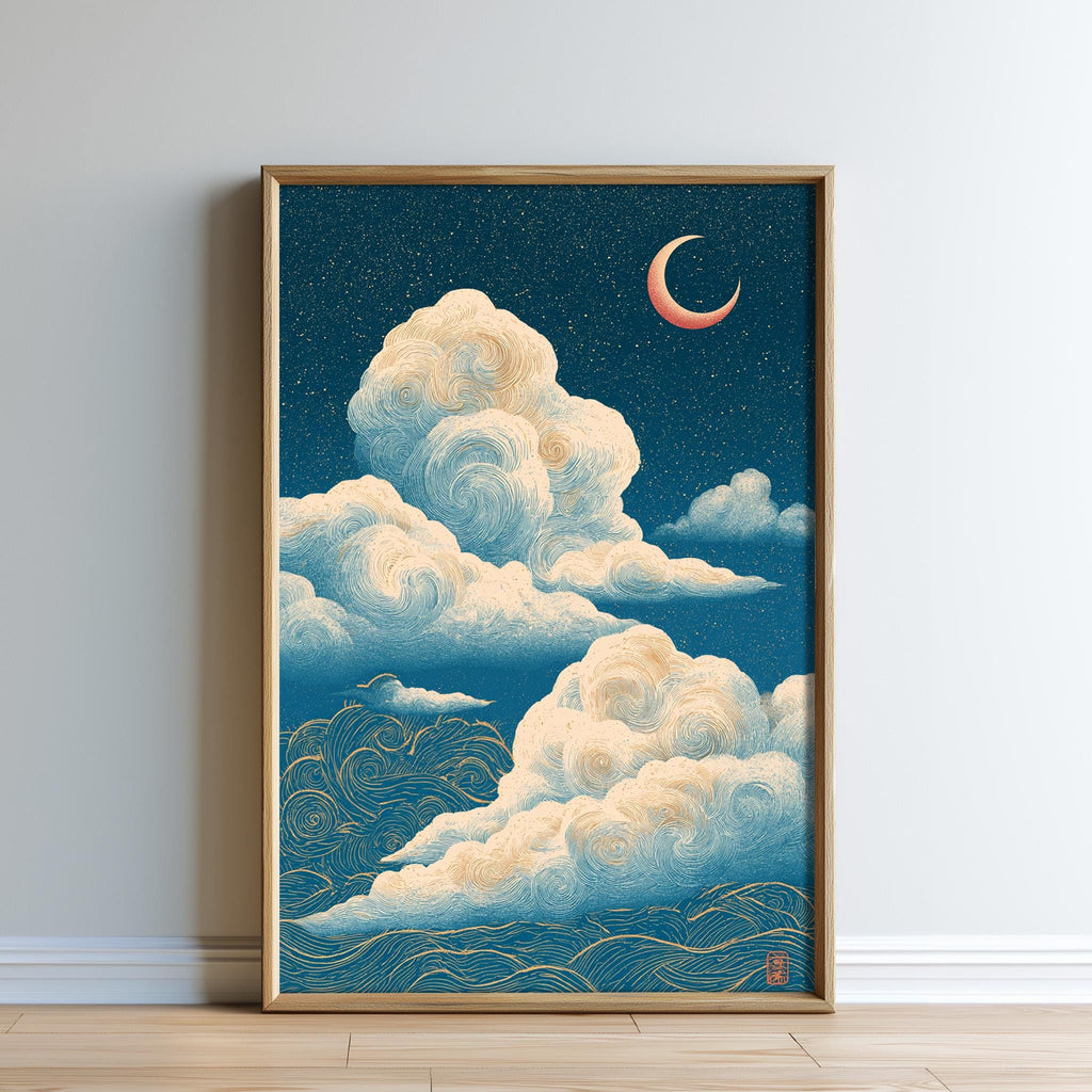 The image is a framed illustration depicting a night sky with a crescent moon and swirling clouds.