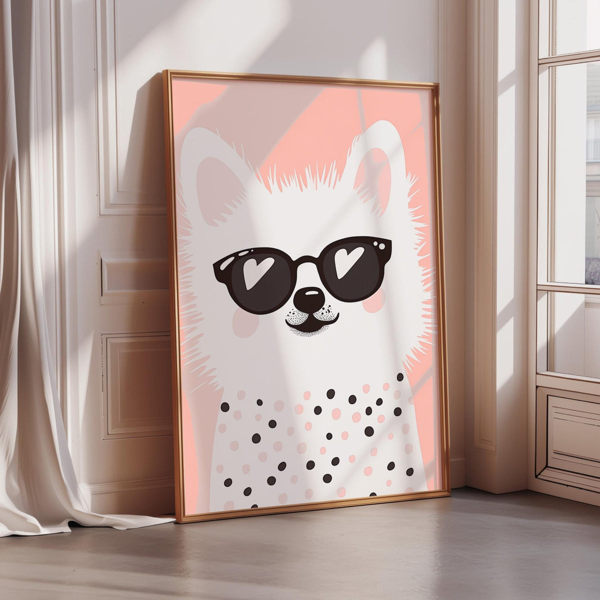 A framed poster of a white dog wearing sunglasses and a polka dot shirt, standing in a room with a window.