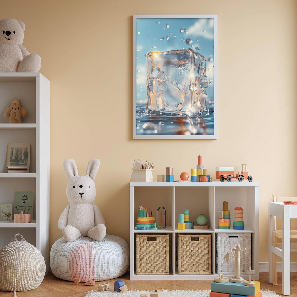 A cozy children's room with a white rabbit sitting on a bean bag chair, surrounded by toys and a bookshelf. A framed image of a water droplet is displayed on the wall above the bookshelf.