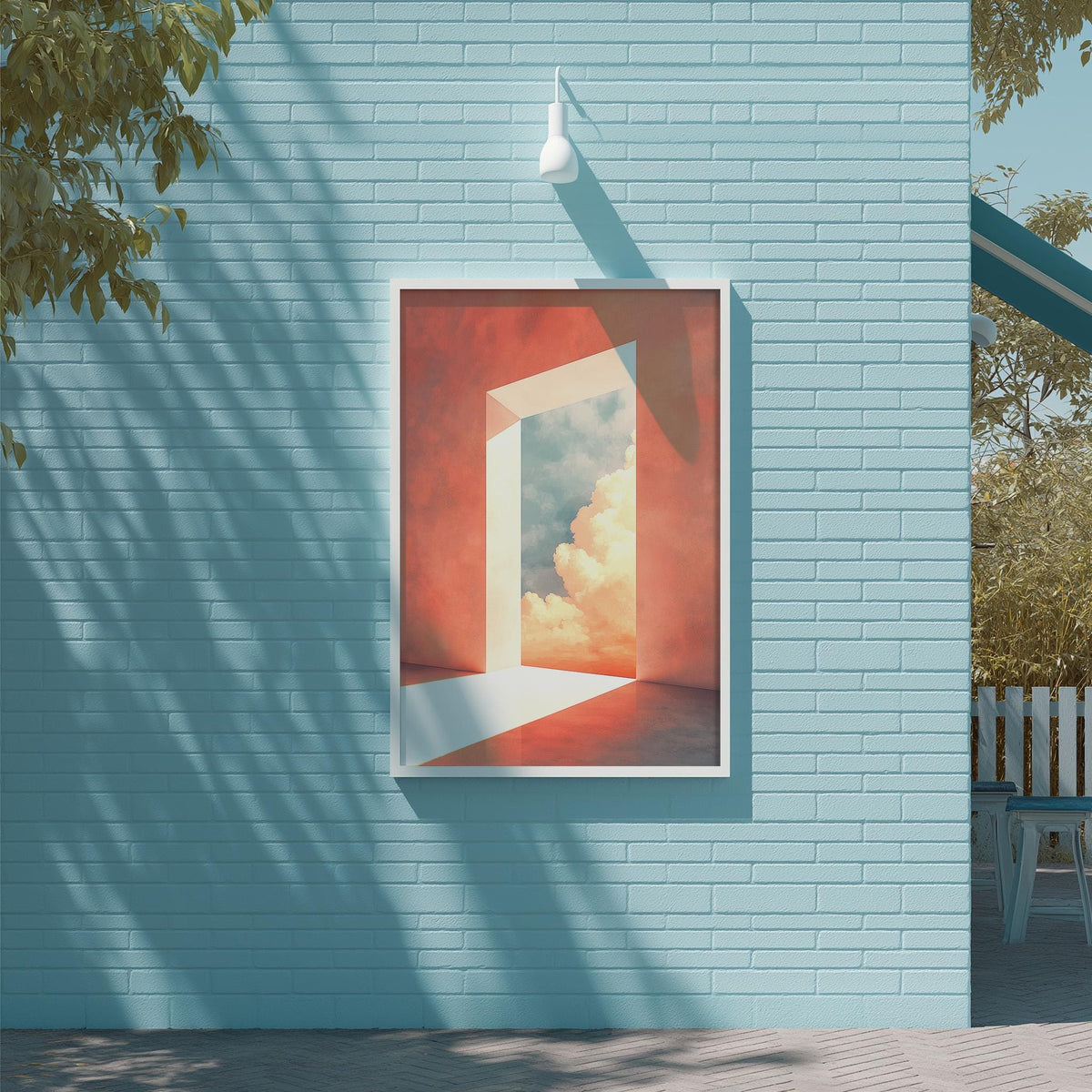 a large, colorful painting of an open doorway with a view of a cloudy sky through it, hanging on a light blue brick wall.