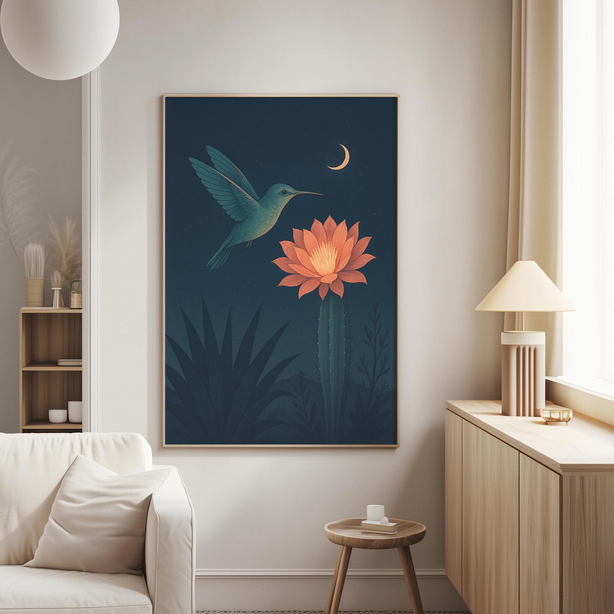 a large framed painting of a hummingbird hovering over a cactus flower, set against a dark blue background with a crescent moon and a starry night sky.