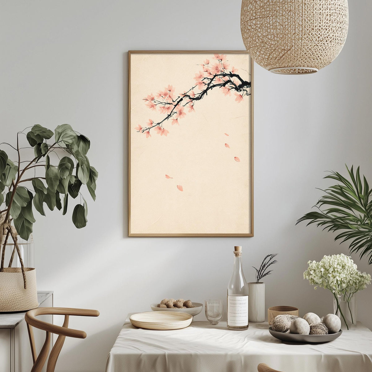 a dining area with a table set for a meal, a potted plant, a hanging light fixture, and a framed artwork depicting a branch with pink flowers.