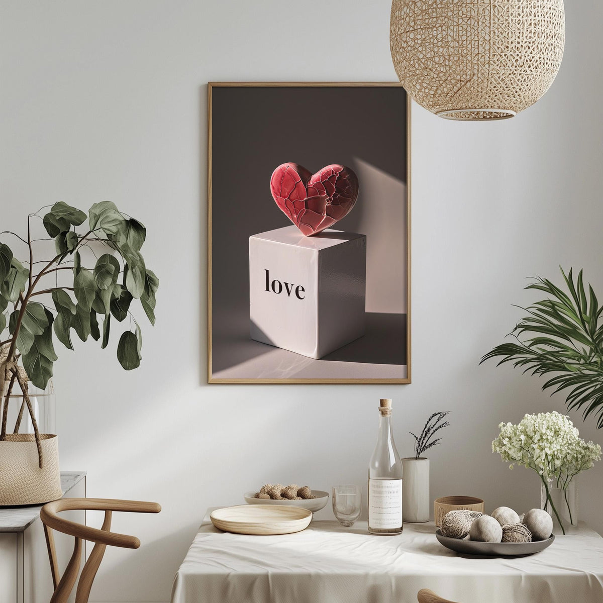 a dining table with a white tablecloth, a bowl of fruit, a bottle, and a vase with flowers. Above the table, there is a framed picture of a heart-shaped object with the word "love" written on it.