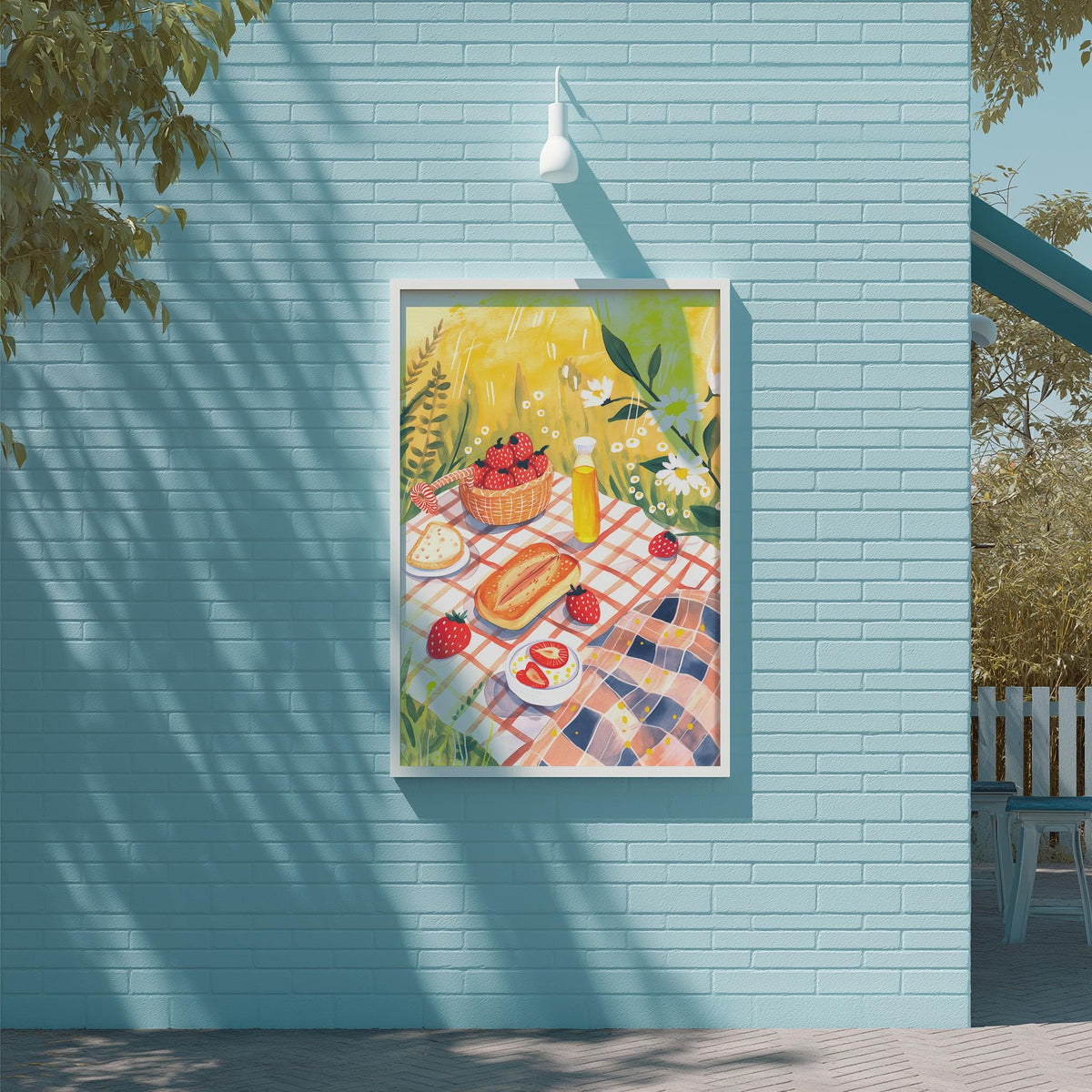 a vibrant and colorful picnic scene, with a table set against a backdrop of a brick wall and lush greenery. The table is adorned with a basket of fresh strawberries, a loaf of bread, and a plate of sliced strawberries. The overall scene is lively and inviting, with the bright colors and natural elements creating a sense of warmth and relaxation.