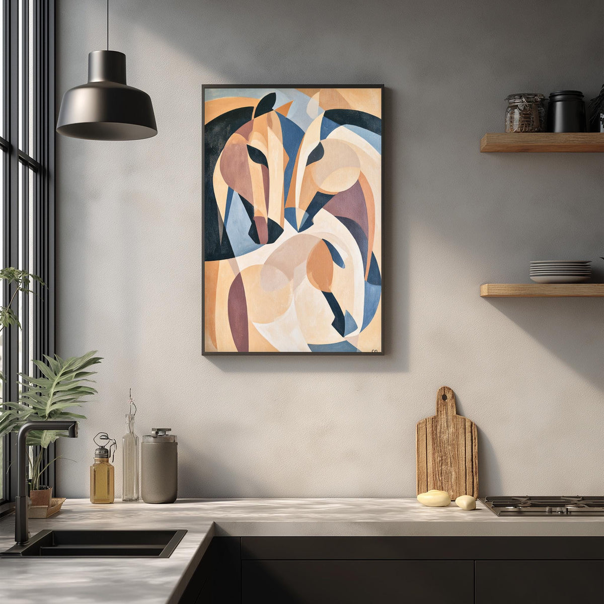 a modern kitchen with a large abstract painting hanging on the wall above a wooden cutting board and other kitchen items.