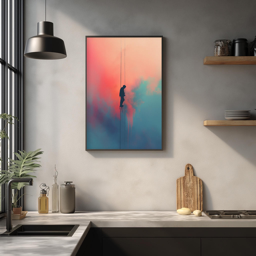 a kitchen counter with a framed abstract painting hanging above it, depicting a person standing on a rope. The kitchen counter also has various items such as a cutting board, a bottle, and a vase.