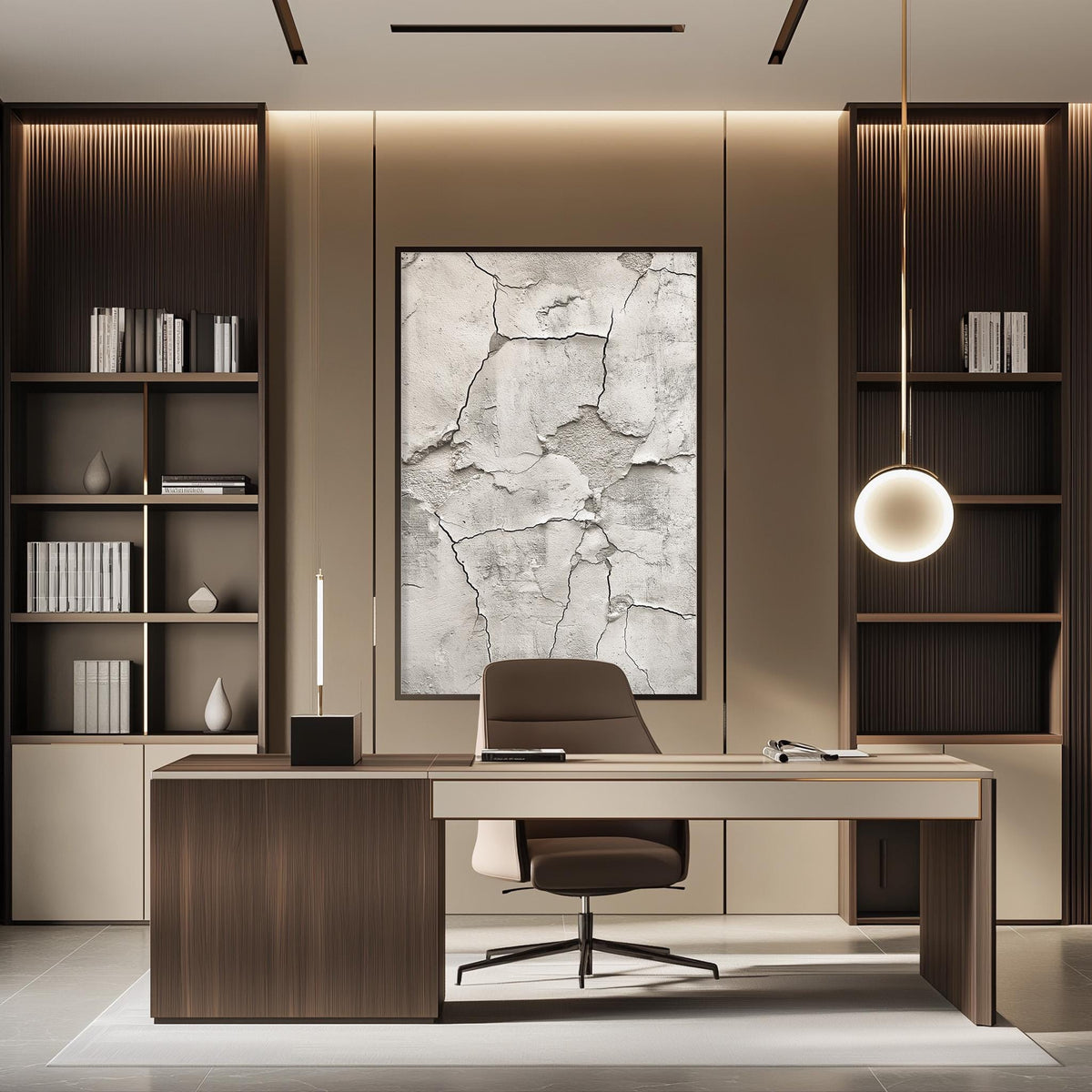 a modern and minimalist office space with a large wooden desk, a comfortable-looking chair, and a large abstract painting on the wall.