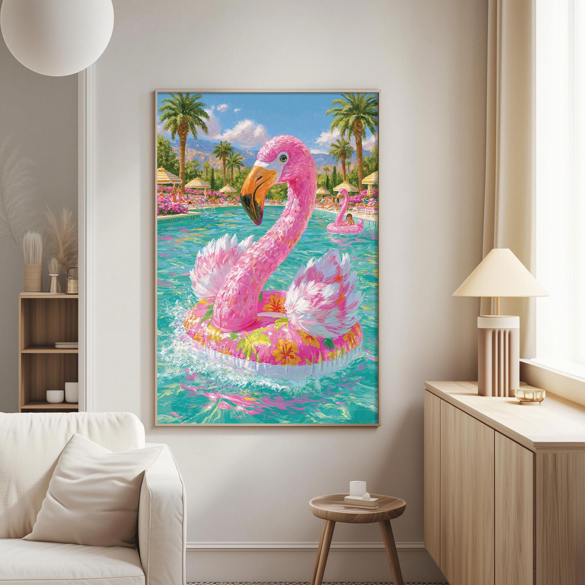 A large, colorful painting of a pink flamingo floating on a pink and white inflatable ring in a tropical pool setting, with palm trees and other tropical elements in the background.