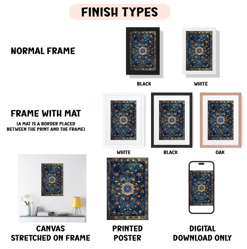 various types of artwork, including a mat with a border placed between the print and the frame, a canvas stretched on a frame, a framed poster, and a digital poster.